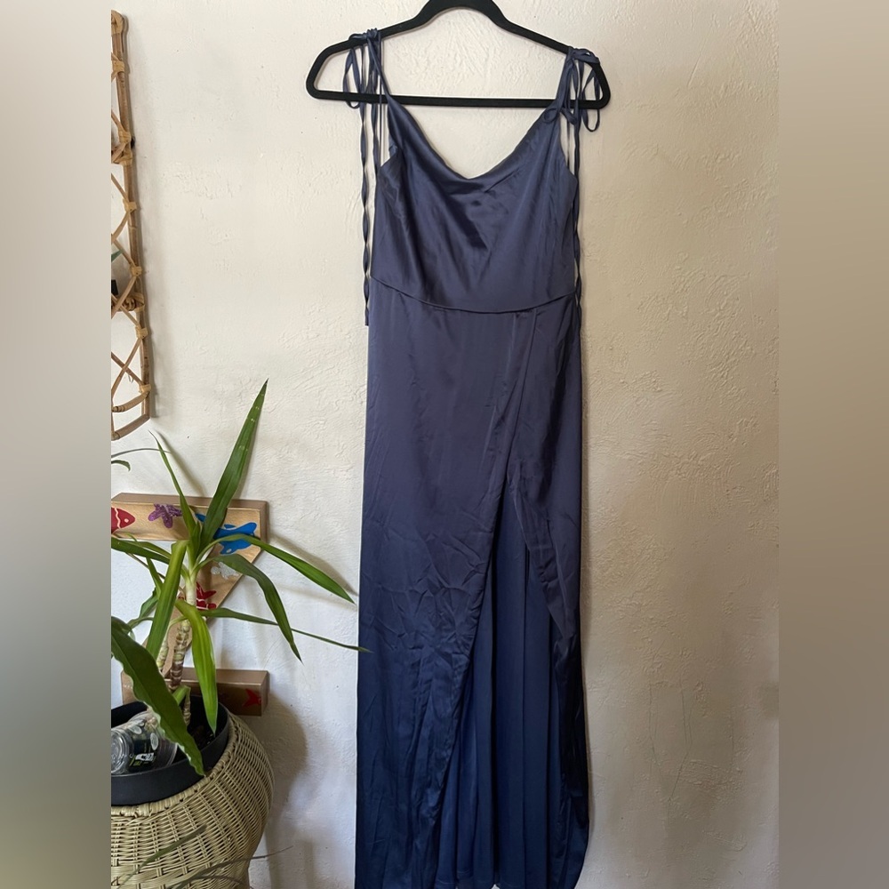 Fashion Nova Satin Blue High Slit Dress